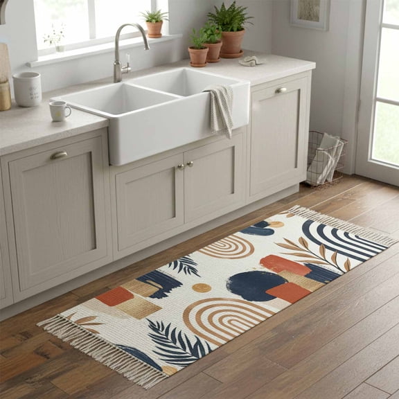 Kitchen Runner Rugs, Nordic Abstract Leaves Arch Sun 2'x6' Throw Rug with Tassels, Terracotta Aesthetic Color Block Washable Soft Floor Carpet Runner for Hallway Bedroom Bathroom Laundry Room
