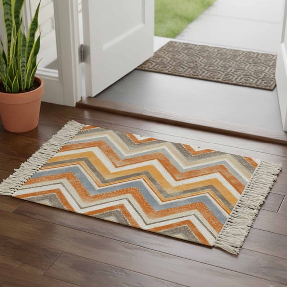 Kitchen Runner Rugs, Northern Europe Orange Zigzag Pattern 2'x3' Throw Rug with Tassels, Retro Abstract Geometric Art Washable Soft Floor Carpet Runner for Hallway Bedroom Bathroom Laundry Room