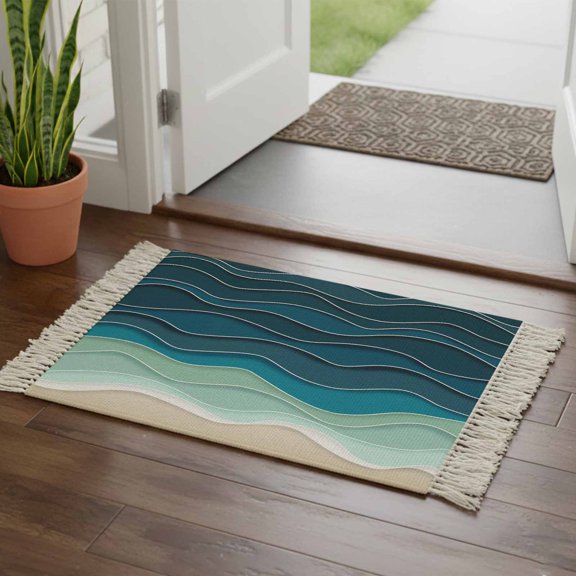 Kitchen Runner Rugs, Ocean Gradient Green Waves 2'x3' Throw Rug with Tassels, Abstract Geometric Ripple Washable Soft Floor Carpet Runner for Hallway Bedroom Bathroom Laundry Room