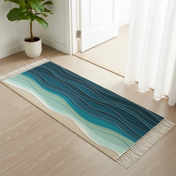 Kitchen Runner Rugs, Ocean Gradient Green Waves 2'x4' Throw Rug with Tassels, Abstract Geometric Ripple Washable Soft Floor Carpet Runner for Hallway Bedroom Bathroom Laundry Room