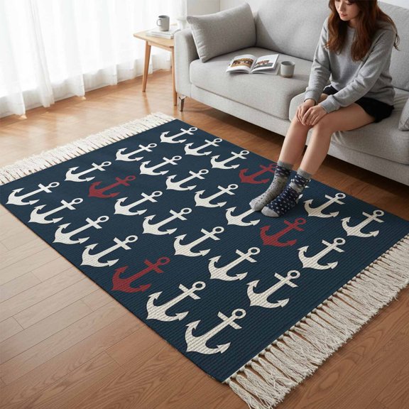 Kitchen Runner Rugs, Ocean Nautical White and Red Ship's Anchor 3'x5' Throw Rug with Tassels, Dark Blue Washable Soft Floor Carpet Runner for Hallway Bedroom Bathroom Laundry Room