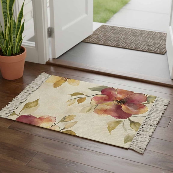 Kitchen Runner Rugs, Oil Painting Style Flowers 2'x3' Throw Rug with Tassels, Vintage Country Floral Washable Soft Floor Carpet Runner for Hallway Bedroom Bathroom Laundry Room