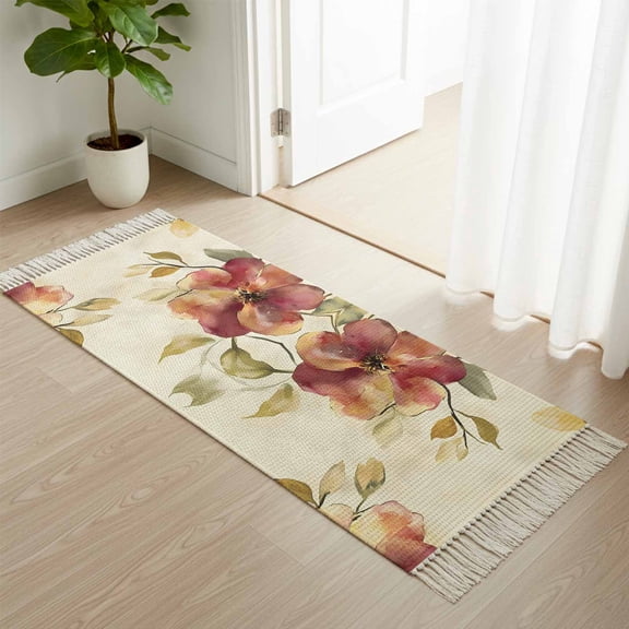 Kitchen Runner Rugs, Oil Painting Style Flowers 2'x4' Throw Rug with Tassels, Vintage Country Floral Washable Soft Floor Carpet Runner for Hallway Bedroom Bathroom Laundry Room
