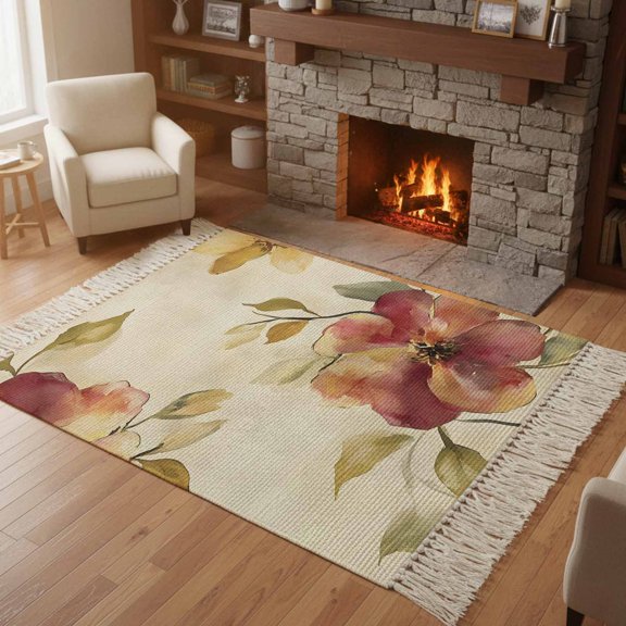 Kitchen Runner Rugs, Oil Painting Style Flowers 4'x6' Throw Rug with Tassels, Vintage Country Floral Washable Soft Floor Carpet Runner for Hallway Bedroom Bathroom Laundry Room