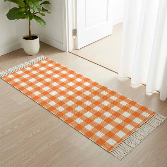 Kitchen Runner Rugs, Orange Buffalo Plaid 2'x4' Throw Rug with Tassels, Classic Gingham Check Watercolor Washable Soft Floor Carpet Runner for Hallway Bedroom Bathroom Laundry Room