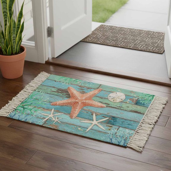 Kitchen Runner Rugs, Orange Starfish Summer Ocean 2'x3' Throw Rug with Tassels, Farmhouse Retro Plank Washable Soft Floor Carpet Runner for Hallway Bedroom Bathroom Laundry Room