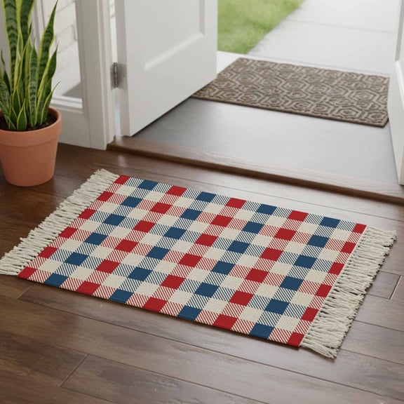 Kitchen Runner Rugs, Patriotic Buffalo Plaid Checked 2'x3' Throw Rug with Tassels, Independence Day Red Blue Grid Washable Soft Floor Carpet Runner for Hallway Bedroom Bathroom Laundry Room