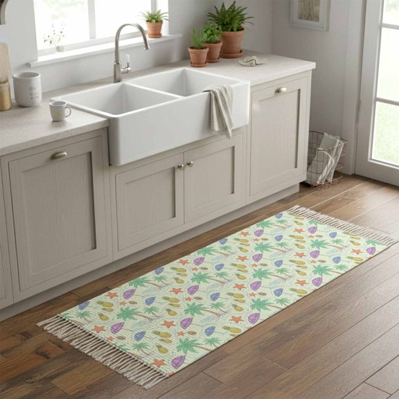Kitchen Runner Rugs, Pineapple Starfish Coconut Tree 2'x6' Throw Rug with Tassels, Summer Seaside Ocean Theme Washable Soft Floor Carpet Runner for Hallway Bedroom Bathroom Laundry Room