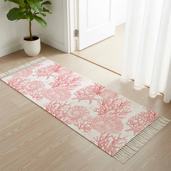 Kitchen Runner Rugs, Pink Conch Coral Shell Starfish 2'x4' Throw Rug with Tassels, Watercolor Marine Life Washable Soft Floor Carpet Runner for Hallway Bedroom Bathroom Laundry Room