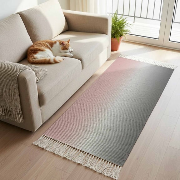 Kitchen Runner Rugs, Pink Gray Gradient 2'x5' Throw Rug with Tassels, Modern Minimalist Ombre Style Washable Soft Floor Carpet Runner for Hallway Bedroom Bathroom Laundry Room
