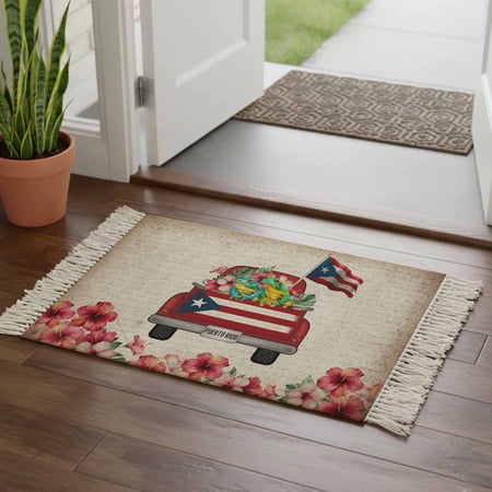 Kitchen Runner Rugs, Puerto Rican Flag Car 2'x3' Throw Rug with Tassels, Algiers Frog on Vintage Letter Washable Soft Floor Carpet Runner for Hallway Bedroom Bathroom Laundry Room