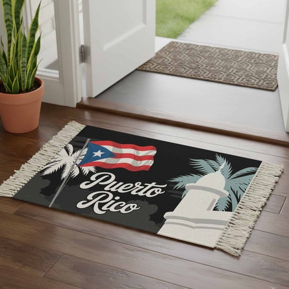 Kitchen Runner Rugs, Puerto Rico Flag Abstract 2'x3' Throw Rug with Tassels, Watercolor Palm Leaves Washable Soft Floor Carpet Runner for Hallway Bedroom Bathroom Laundry Room
