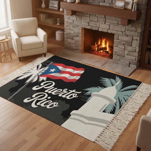Kitchen Runner Rugs, Puerto Rico Flag Abstract 4'x6' Throw Rug with Tassels, Watercolor Palm Leaves Washable Soft Floor Carpet Runner for Hallway Bedroom Bathroom Laundry Room