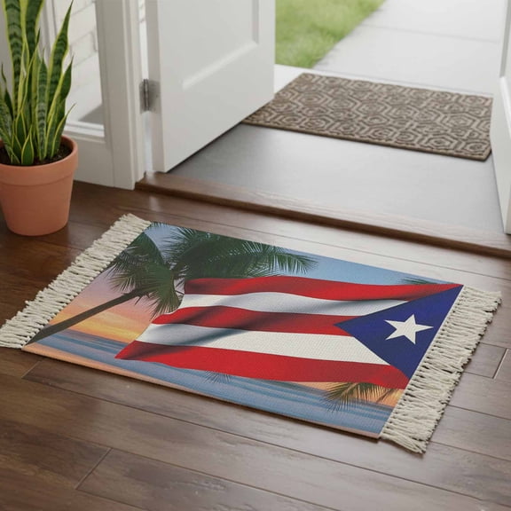 Kitchen Runner Rugs, Puerto Rico Flag Star 2'x3' Throw Rug with Tassels, Coastal Beach Palm Tree Washable Soft Floor Carpet Runner for Hallway Bedroom Bathroom Laundry Room