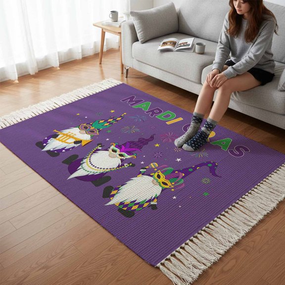 Kitchen Runner Rugs, Purple Carnival Cute Gnomes 3'x5' Throw Rug with Tassels, Mardi Gras Washable Soft Floor Carpet Runner for Hallway Bedroom Bathroom Laundry Room