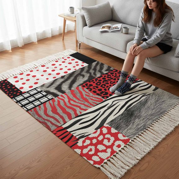Kitchen Runner Rugs, Red Black Animal Print Patterns 3'x5' Throw Rug with Tassels, Zebra Leopard Plaid Fur Washable Soft Floor Carpet Runner for Hallway Bedroom Bathroom Laundry Room