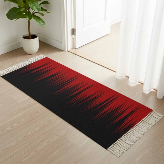 Kitchen Runner Rugs, Red and Black Striped Line 2'x4' Throw Rug with Tassels, Modern Abstract Gradient Washable Soft Floor Carpet Runner for Hallway Bedroom Bathroom Laundry Room