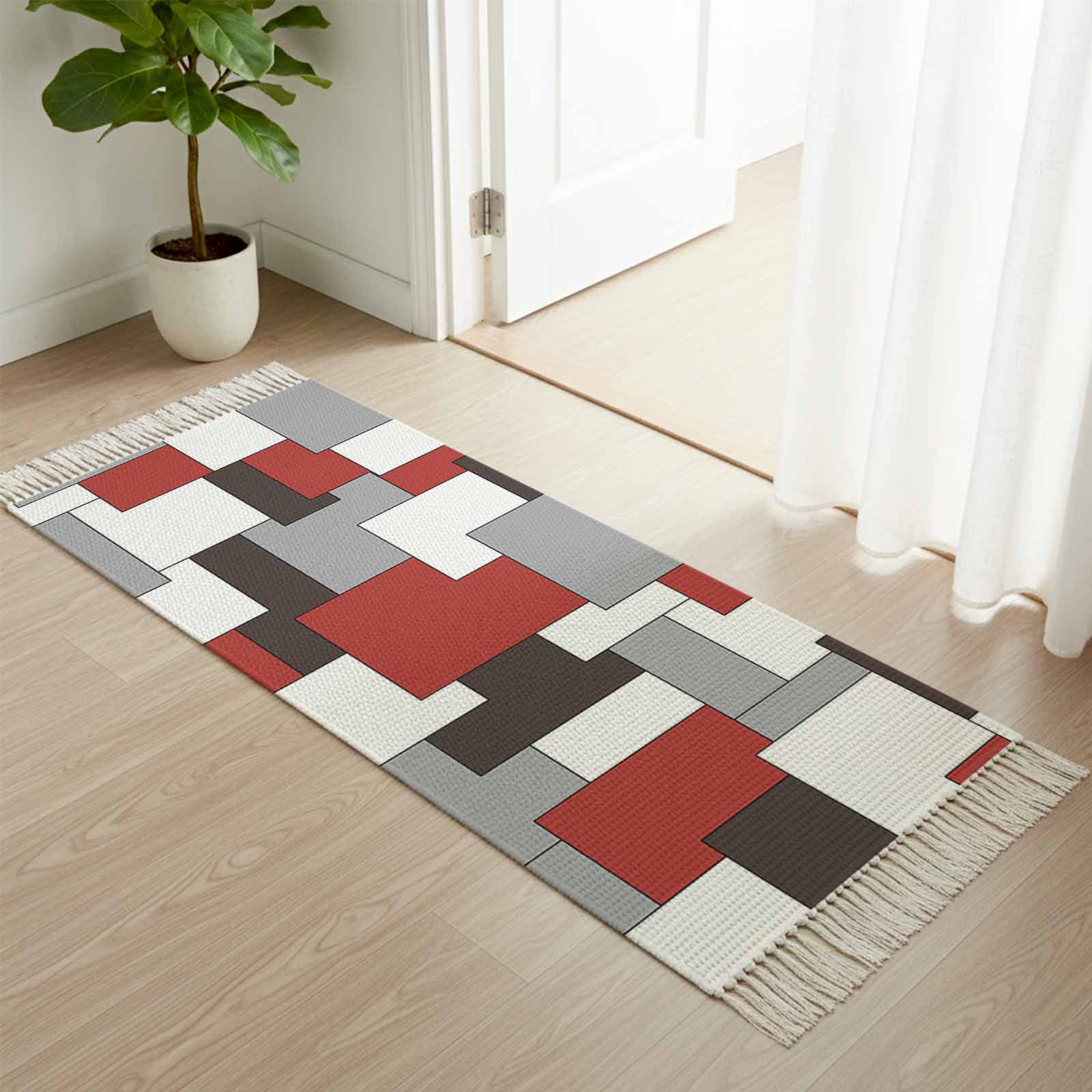 Modern Red Runner Rug Kitchen Runner Rugs, Red Color Block Grey Abstract Geometric 2'x4 ...