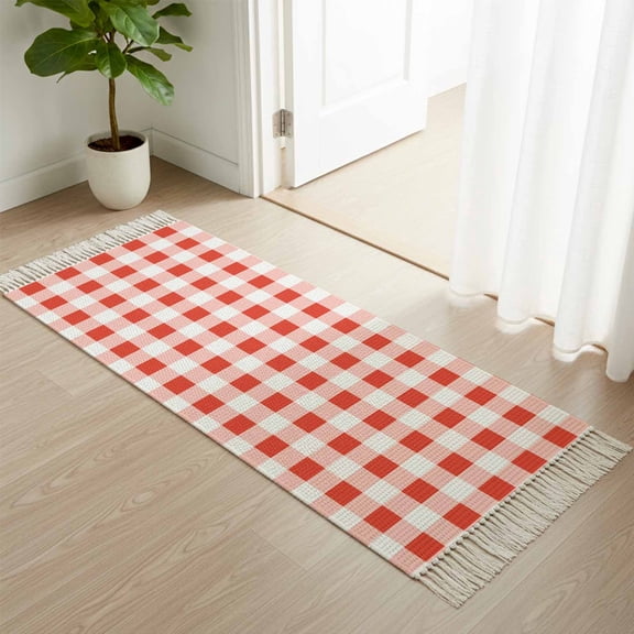 Kitchen Runner Rugs, Red Gingham Check 2'x4' Throw Rug with Tassels, Gradient Buffalo Plaid Washable Soft Floor Carpet Runner for Hallway Bedroom Bathroom Laundry Room