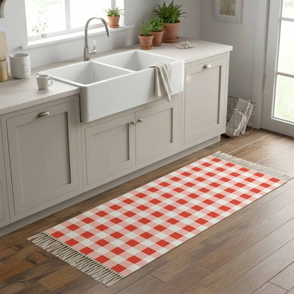 Kitchen Runner Rugs, Red Gingham Check 2'x6' Throw Rug with Tassels, Gradient Buffalo Plaid Washable Soft Floor Carpet Runner for Hallway Bedroom Bathroom Laundry Room