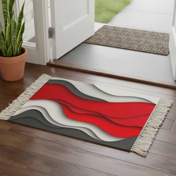 Kitchen Runner Rugs, Red White Black Gradient Ocean Waves 2'x3' Throw Rug with Tassels, Abstract Water Ripple Washable Soft Floor Carpet Runner for Hallway Bedroom Bathroom Laundry Room