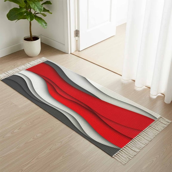 Kitchen Runner Rugs, Red White Black Gradient Ocean Waves 2'x4' Throw Rug with Tassels, Abstract Water Ripple Washable Soft Floor Carpet Runner for Hallway Bedroom Bathroom Laundry Room