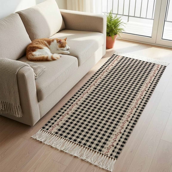 Kitchen Runner Rugs, Retro Black White Checkered 2'x5' Throw Rug with Tassels, Country Stars Stripes Washable Soft Floor Carpet Runner for Hallway Bedroom Bathroom Laundry Room