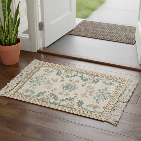 Kitchen Runner Rugs, Retro Bohemia Tribal Flower Border 2'x3' Throw Rug with Tassels, Western Farmhouse Washable Soft Floor Carpet Runner for Hallway Bedroom Bathroom Laundry Room