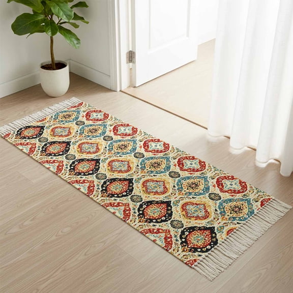Kitchen Runner Rugs, Retro Boho Moroccan Geometric 2'x4' Throw Rug with Tassels, Vintage Terracotta Art Washable Soft Floor Carpet Runner for Hallway Bedroom Bathroom Laundry Room
