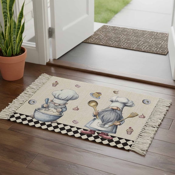 Kitchen Runner Rugs, Retro Cartoon Dessert Chef Gnome 2'x3' Throw Rug with Tassels, Black White Diamond Lattice Plaid Washable Soft Floor Carpet Runner for Hallway Bedroom Bathroom Laundry Room