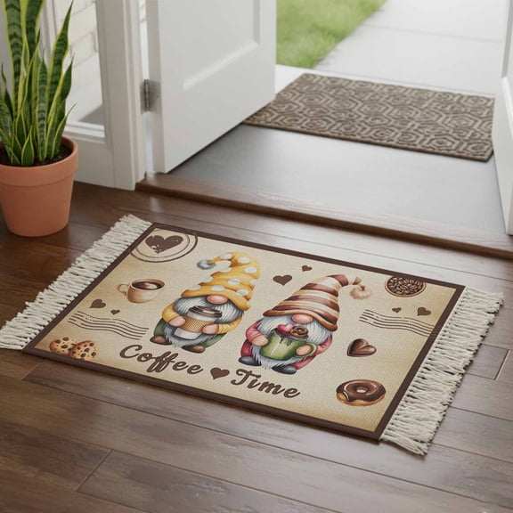 Kitchen Runner Rugs, Retro Countryside Gnomes 2'x3' Throw Rug with Tassels, Coffee Time Words on Linen Washable Soft Floor Carpet Runner for Hallway Bedroom Bathroom Laundry Room