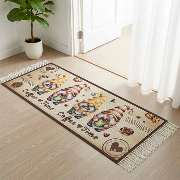 Kitchen Runner Rugs, Retro Countryside Gnomes 2'x4' Throw Rug with Tassels, Coffee Time Words on Linen Washable Soft Floor Carpet Runner for Hallway Bedroom Bathroom Laundry Room