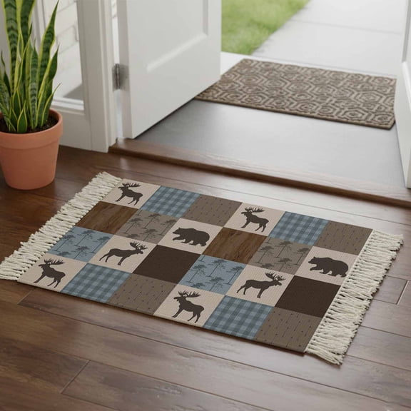 Kitchen Runner Rugs, Retro Deer Bear Plaid Check 2'x3' Throw Rug with Tassels, Abstract Patchwork Pattern Washable Soft Floor Carpet Runner for Hallway Bedroom Bathroom Laundry Room