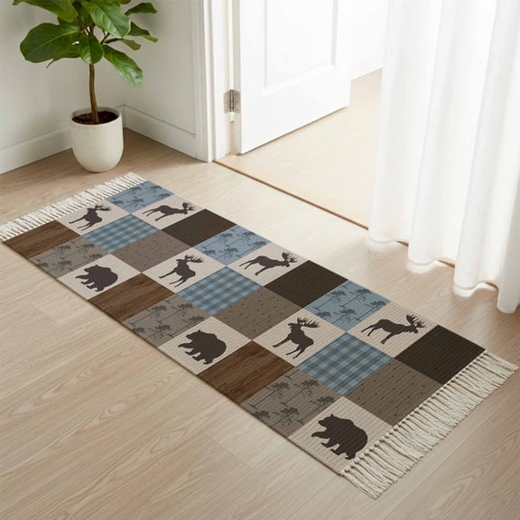 Kitchen Runner Rugs, Retro Deer Bear Plaid Check 2'x4' Throw Rug with Tassels, Abstract Patchwork Pattern Washable Soft Floor Carpet Runner for Hallway Bedroom Bathroom Laundry Room