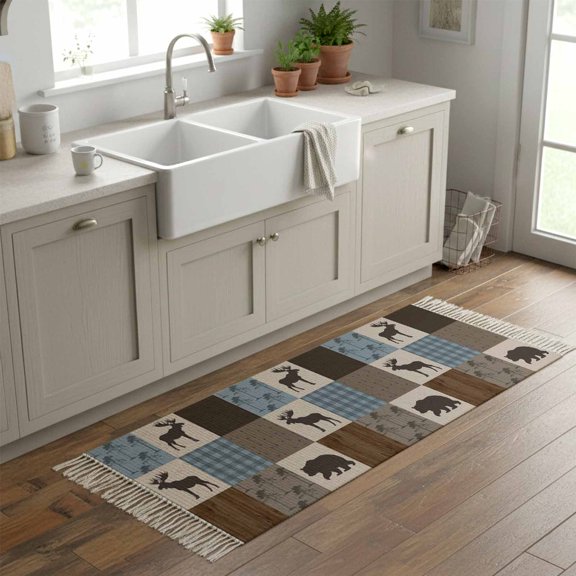 Kitchen Runner Rugs, Retro Deer Bear Plaid Check 2'x6' Throw Rug with Tassels, Abstract Patchwork Pattern Washable Soft Floor Carpet Runner for Hallway Bedroom Bathroom Laundry Room