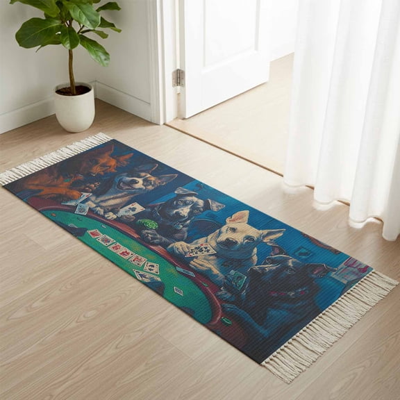 Kitchen Runner Rugs, Retro Dog Playing Poker Card 2'x4' Throw Rug with Tassels, Witty Animal Abstract Art Washable Soft Floor Carpet Runner for Hallway Bedroom Bathroom Laundry Room