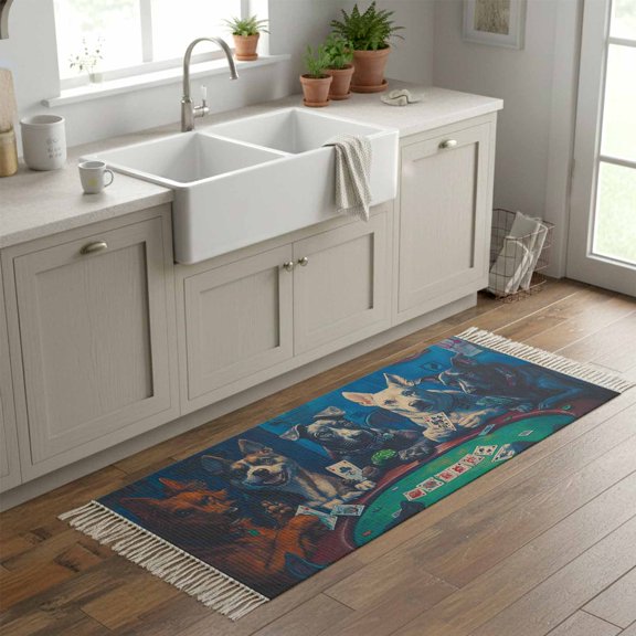 Kitchen Runner Rugs, Retro Dog Playing Poker Card 2'x6' Throw Rug with Tassels, Witty Animal Abstract Art Washable Soft Floor Carpet Runner for Hallway Bedroom Bathroom Laundry Room