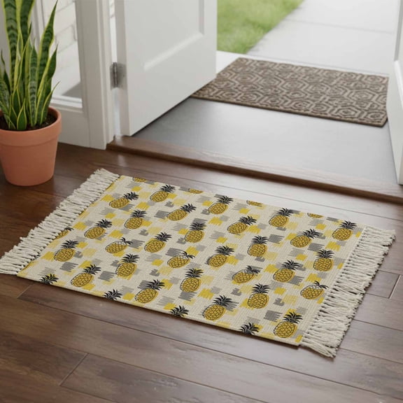 Kitchen Runner Rugs, Retro Farmhouse Pineapple 2'x3' Throw Rug with Tassels, Yellow Gray Geometric Brush Texture Washable Soft Floor Carpet Runner for Hallway Bedroom Bathroom Laundry Room