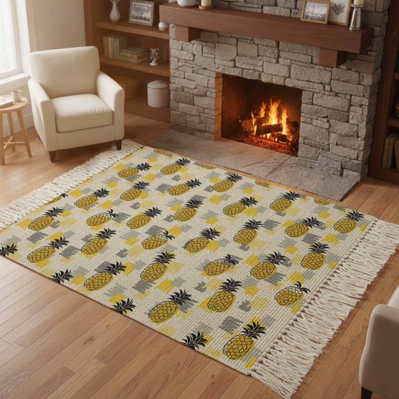 Kitchen Runner Rugs, Retro Farmhouse Pineapple 4'x6' Throw Rug with Tassels, Yellow Gray Geometric Brush Texture Washable Soft Floor Carpet Runner for Hallway Bedroom Bathroom Laundry Room