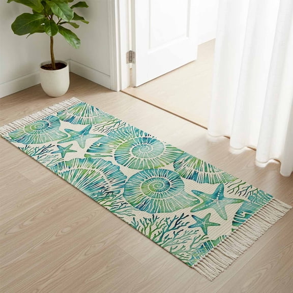Kitchen Runner Rugs, Retro Green Seashells Starfish Corals 2'x4' Throw Rug with Tassels, Underwater World Washable Soft Floor Carpet Runner for Hallway Bedroom Bathroom Laundry Room