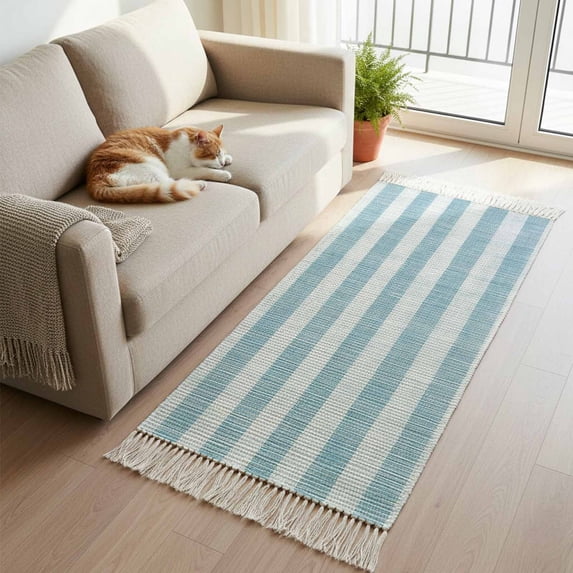 Kitchen Runner Rugs, Retro Linen Stripes 2'x5' Throw Rug with Tassels, Country Blue Washable Soft Floor Carpet Runner for Hallway Bedroom Bathroom Laundry Room
