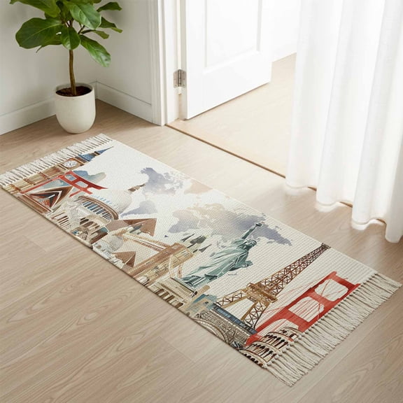 Kitchen Runner Rugs, Retro Maps of The World Tourism 2'x4' Throw Rug with Tassels, Abstract Graffiti Texture Washable Soft Floor Carpet Runner for Hallway Bedroom Bathroom Laundry Room