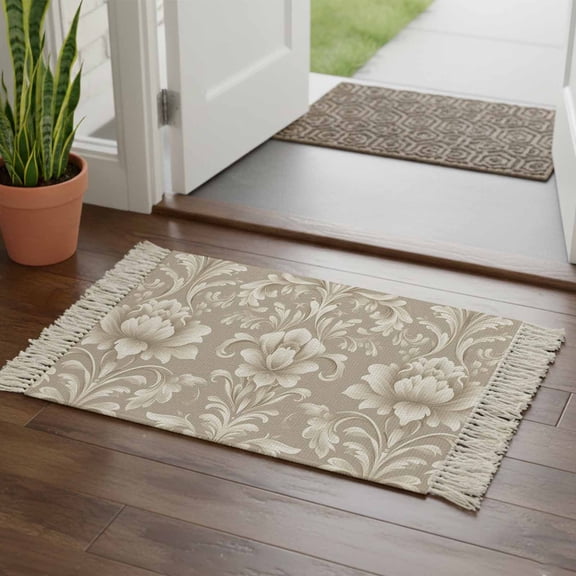 Kitchen Runner Rugs, Retro Medieval Totem 2'x3' Throw Rug with Tassels, Abstract Flowers Turkish Pattern Washable Soft Floor Carpet Runner for Hallway Bedroom Bathroom Laundry Room
