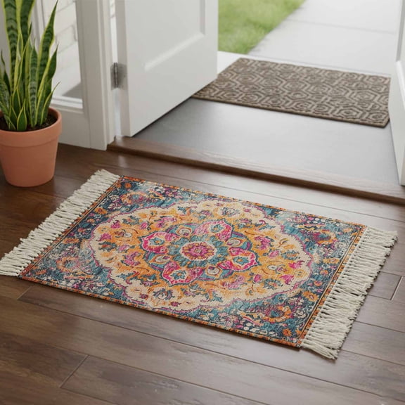 Kitchen Runner Rugs, Retro Medieval Turkish Tattoos 2'x3' Throw Rug with Tassels, Classic Boho Pattern Washable Soft Floor Carpet Runner for Hallway Bedroom Bathroom Laundry Room