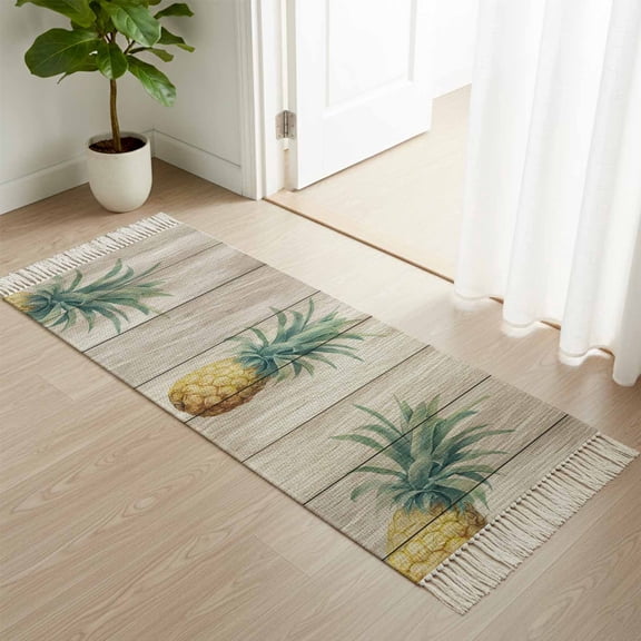 Kitchen Runner Rugs, Retro Pineapple On Wooden Boards 2'x4' Throw Rug with Tassels, Summer Fruit Washable Soft Floor Carpet Runner for Hallway Bedroom Bathroom Laundry Room