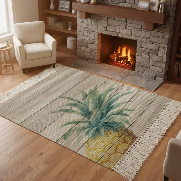 Kitchen Runner Rugs, Retro Pineapple On Wooden Boards 4'x6' Throw Rug with Tassels, Summer Fruit Washable Soft Floor Carpet Runner for Hallway Bedroom Bathroom Laundry Room