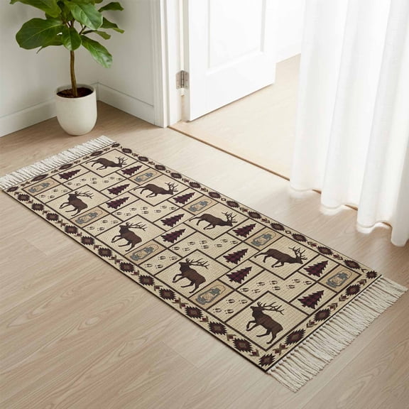 Kitchen Runner Rugs, Retro Southwest Geometric 2'x4' Throw Rug with Tassels, Reindeer Pine Tree Washable Soft Floor Carpet Runner for Hallway Bedroom Bathroom Laundry Room