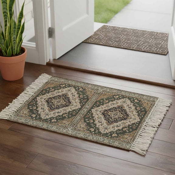 Kitchen Runner Rugs, Retro Traditional Turkish Floral Pattern 2'x3' Throw Rug with Tassels, Vintage Medieval Art Washable Soft Floor Carpet Runner for Hallway Bedroom Bathroom Laundry Room
