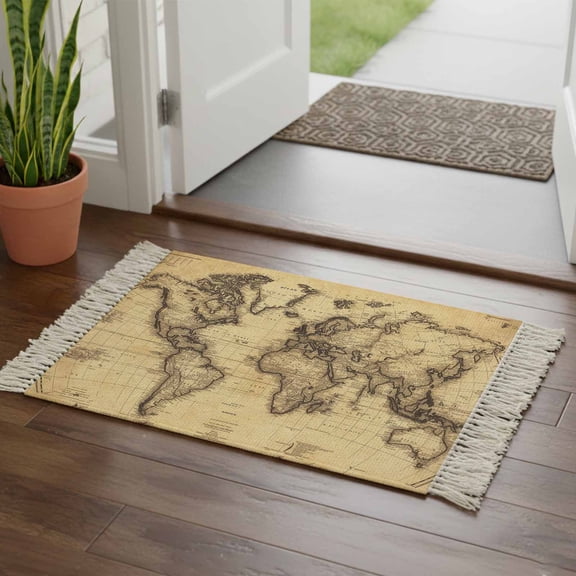 Kitchen Runner Rugs, Retro Yellow World Map North America Asia 2'x3' Throw Rug with Tassels, Pacific Plate Washable Soft Floor Carpet Runner for Hallway Bedroom Bathroom Laundry Room