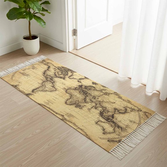 Kitchen Runner Rugs, Retro Yellow World Map North America Asia 2'x4' Throw Rug with Tassels, Pacific Plate Washable Soft Floor Carpet Runner for Hallway Bedroom Bathroom Laundry Room